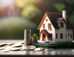 AI generierte Illustration, kleines Modell Haus mit Münzen, kaufen und verkaufen, Haus