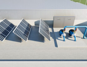 3D-Rendering einer Wasserpumpenstation auf einem Fabrikdach. Inklusive Kreiselpumpe, Elektromotor, Rohrleitung, Ventil, Solarpanel und Schaltkasten. Maschine in der industriellen Arbeit für die Verteilung, Versorgung Wasser