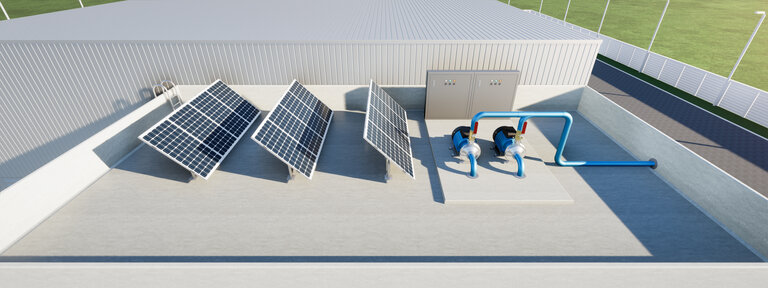3D-Rendering einer Wasserpumpenstation auf einem Fabrikdach. Inklusive Kreiselpumpe, Elektromotor, Rohrleitung, Ventil, Solarpanel und Schaltkasten. Maschine in der industriellen Arbeit fÃ¼r die Verteilung, Versorgung Wasser