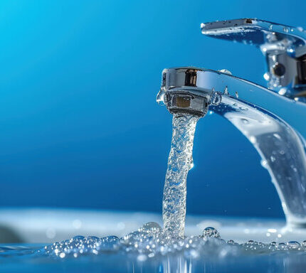 Probleme mit der Wasserversorgung. Wasser einen frischen blauen Wasserhahn mit fließendem Wasser mit Spray im Bad. Selektiver Fokus Fliese auf Hintergrund. Konzept Wasser sparen zu Hause, die Verringerung der Nutzung.