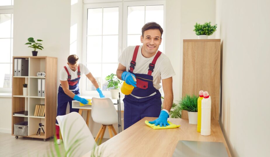 Zwei Reinigungskräfte in blauen Handschuhen reinigen ein modernes Büro in Berlin. Sie sorgen für saubere Arbeitsplätze und tragen zur Gesundheit und Produktivität der Mitarbeiter bei.