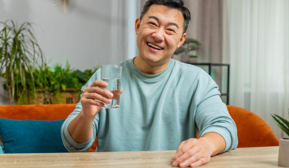 Ein Mann mit einem Glas Wasser in der Hand
