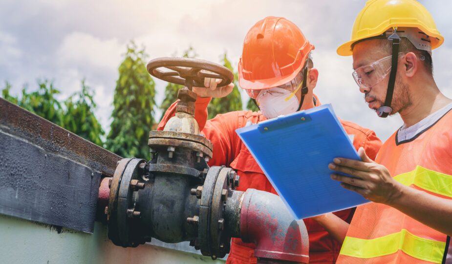 Arbeiter stehen vor Wasserrohren