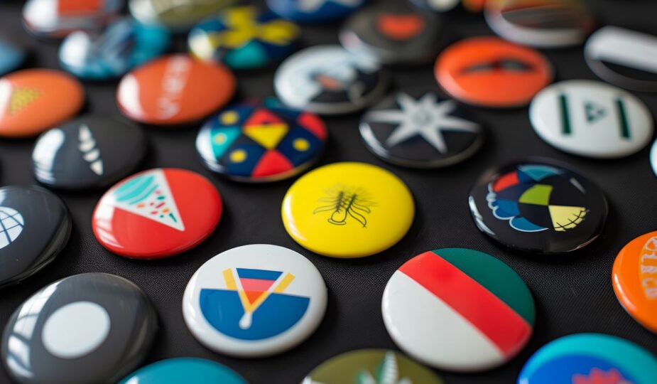 Verschiedene farbenfrohe Buttonrohlinge mit individuellen Motiven auf schwarzem Hintergrund