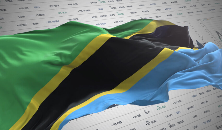 Die tansanische Flagge weht über Finanzdaten, die die Entwicklung der tansania währung und globale Märkte zeigen