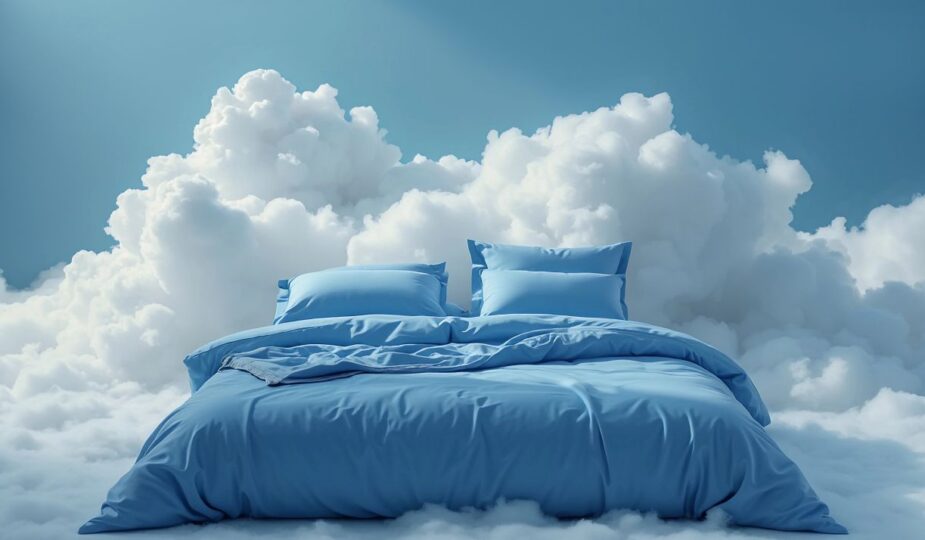 Ein gemütliches Boxspringbett in Blau schwebt auf weichen Wolken – Symbol für erholsamen Schlaf und höchsten Komfort.