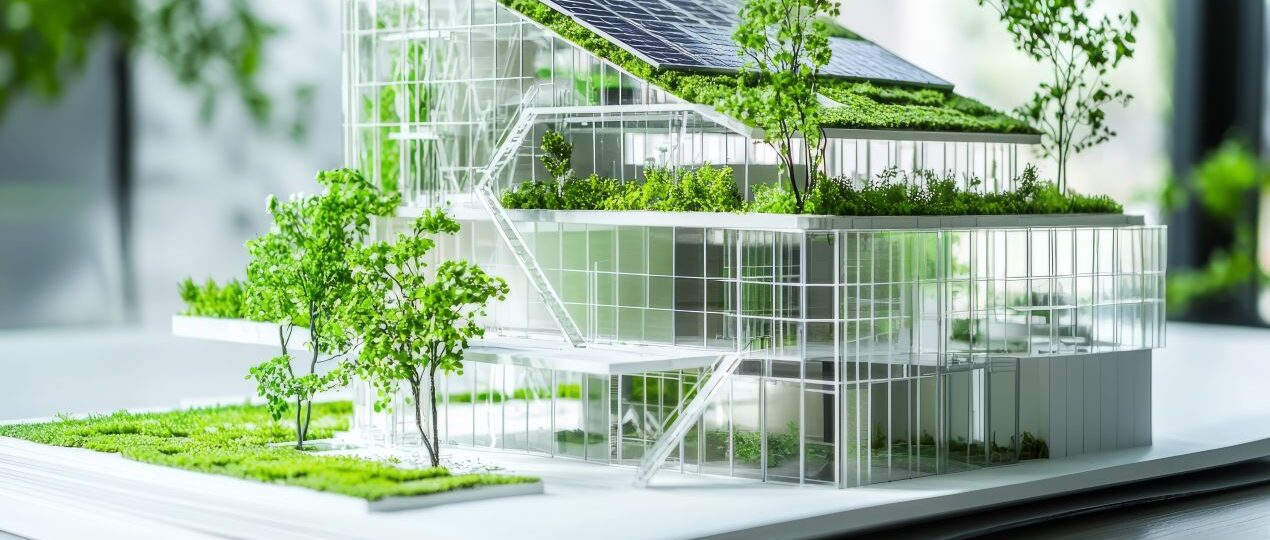 Architektonisches Modell eines modernen Gebäudes mit Dachbegrünung und Solaranlage, umgeben von Bäumen