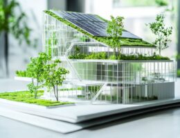 Architektonisches Modell eines modernen Gebäudes mit Dachbegrünung und Solaranlage, umgeben von Bäumen