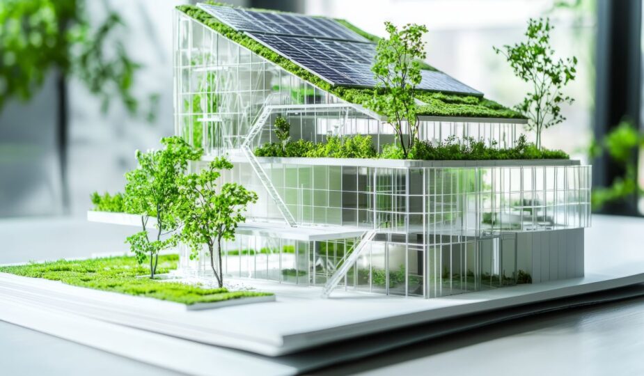 Architektonisches Modell eines modernen Gebäudes mit Dachbegrünung und Solaranlage, umgeben von Bäumen
