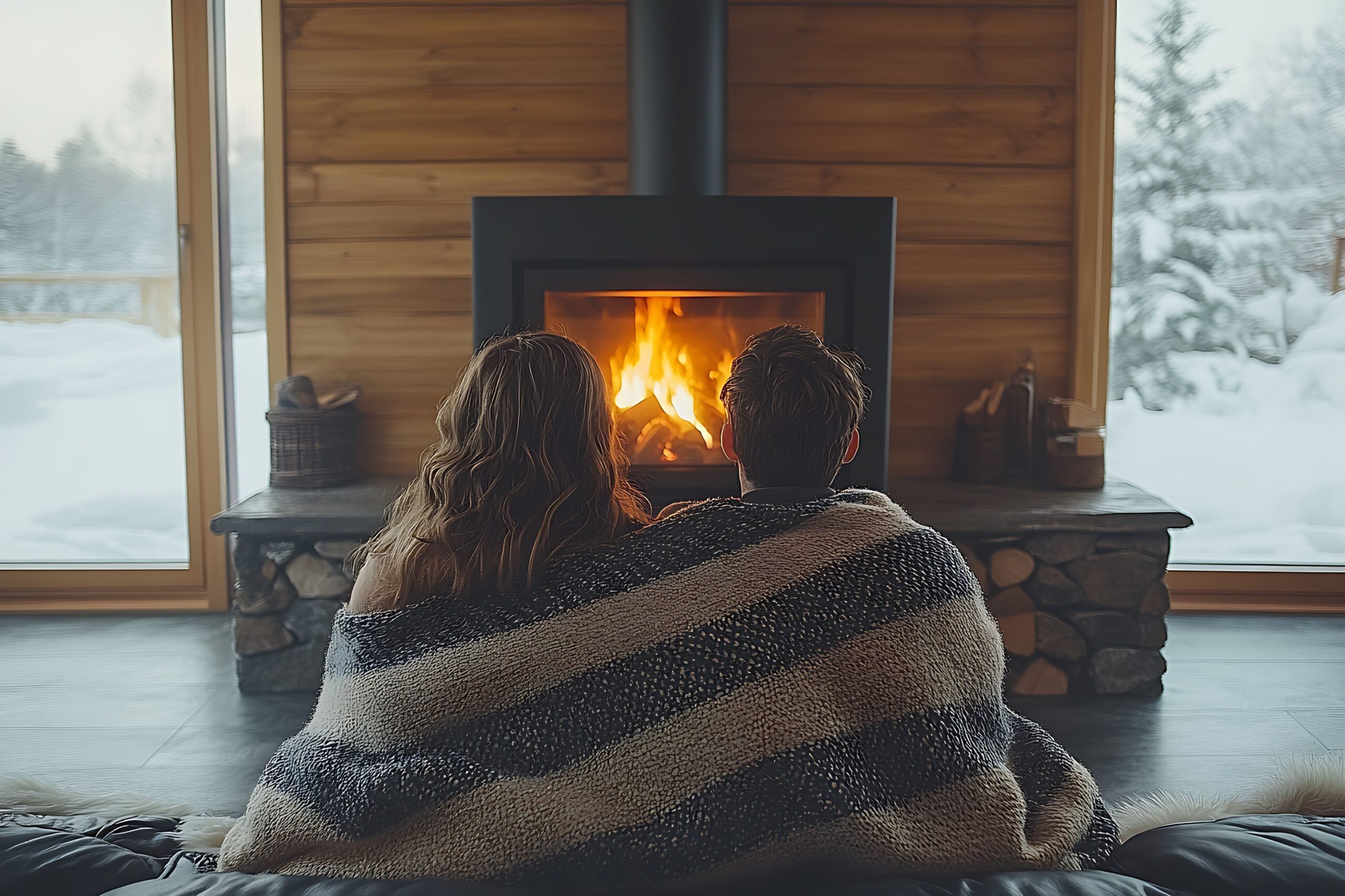 Paar sitzt vor Kaminofen, in Decke eingewickelt, blickt ins Feuer, winterliche Landschaft draußen