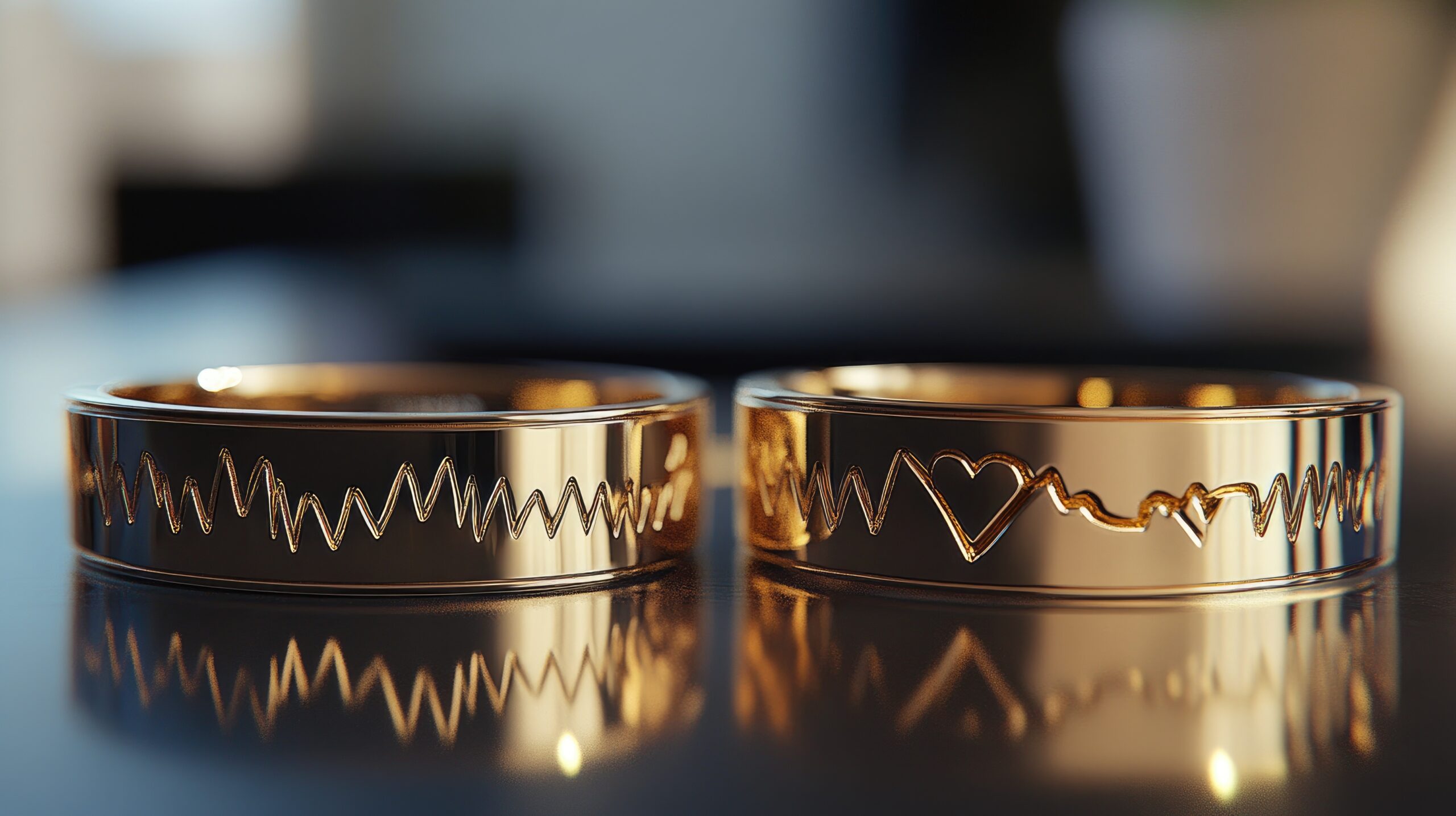 Zwei goldene Partnerringe mit Herz- und Liniengravur – als dezente Symbole für Zusammengehörigkeit und persönliche Verbindung im Alltag.