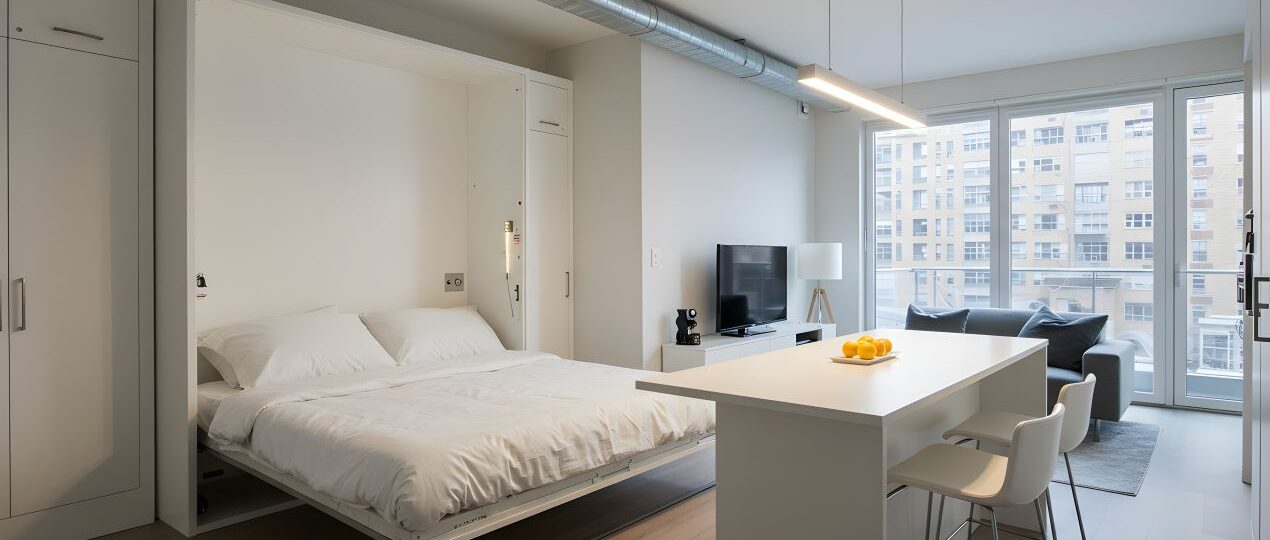 Helles Studio mit Klappbett, Küchenblock und Holzpaneelen – funktionale Gestaltung auf begrenztem Wohnraum