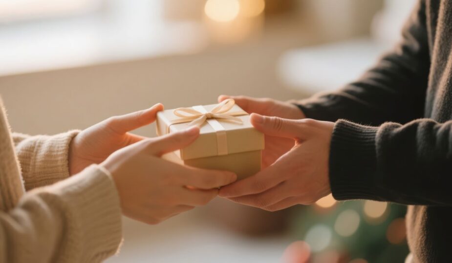 Zwei Personen überreichen sich ein schlicht verpacktes Geschenk – stellvertretend für bedeutungsvolle Aufmerksamkeiten wie individuell gewählte Partnerringe.
