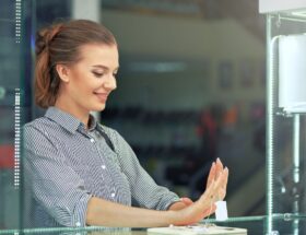 Verlobungsringe Silber: Frau prueft schlichten Ring beim Juwelier und betrachtet ihn an ihrer Hand