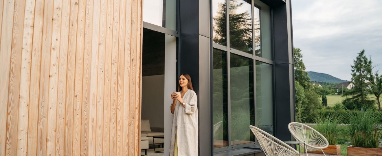 Frau mit Kaffee auf Terrasse eines Wellnesshotels in Bayern