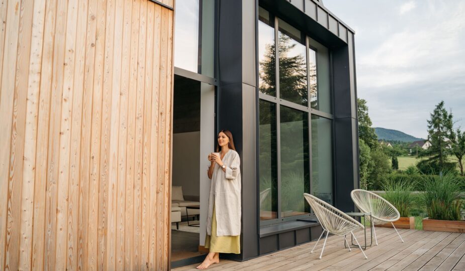 Frau mit Kaffee auf Terrasse eines Wellnesshotels in Bayern
