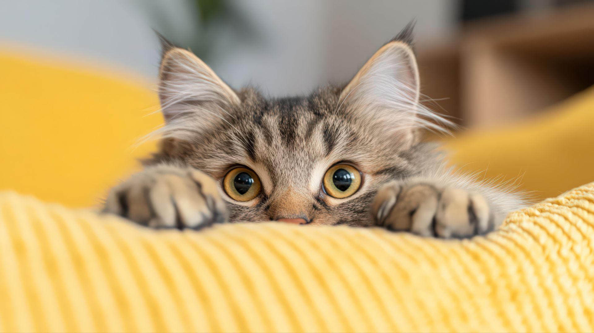 katze liegt auf gelbem sofa mit cordstoff und schaut neugierig ueber die kissen