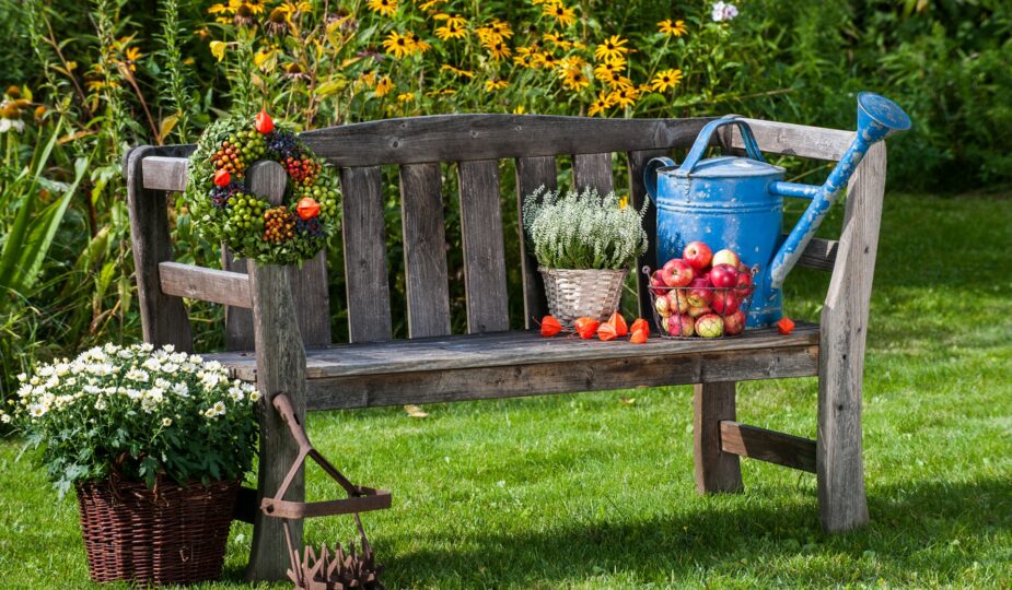Gießkanne und Apfelkorb auf Bank | Gartendeko