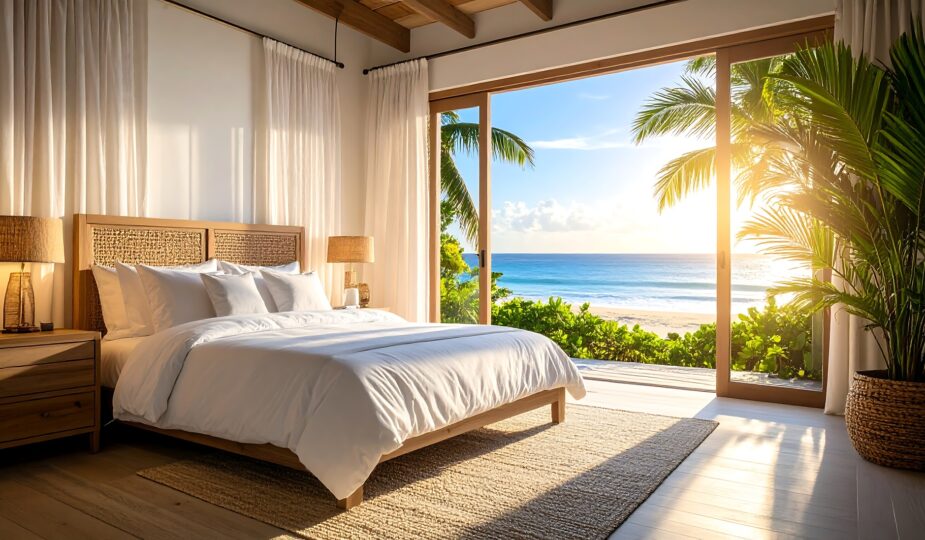 Modernes Schlafzimmer mit Meerblick und heller Einrichtung | Nonnenhorn Ferienwohnung