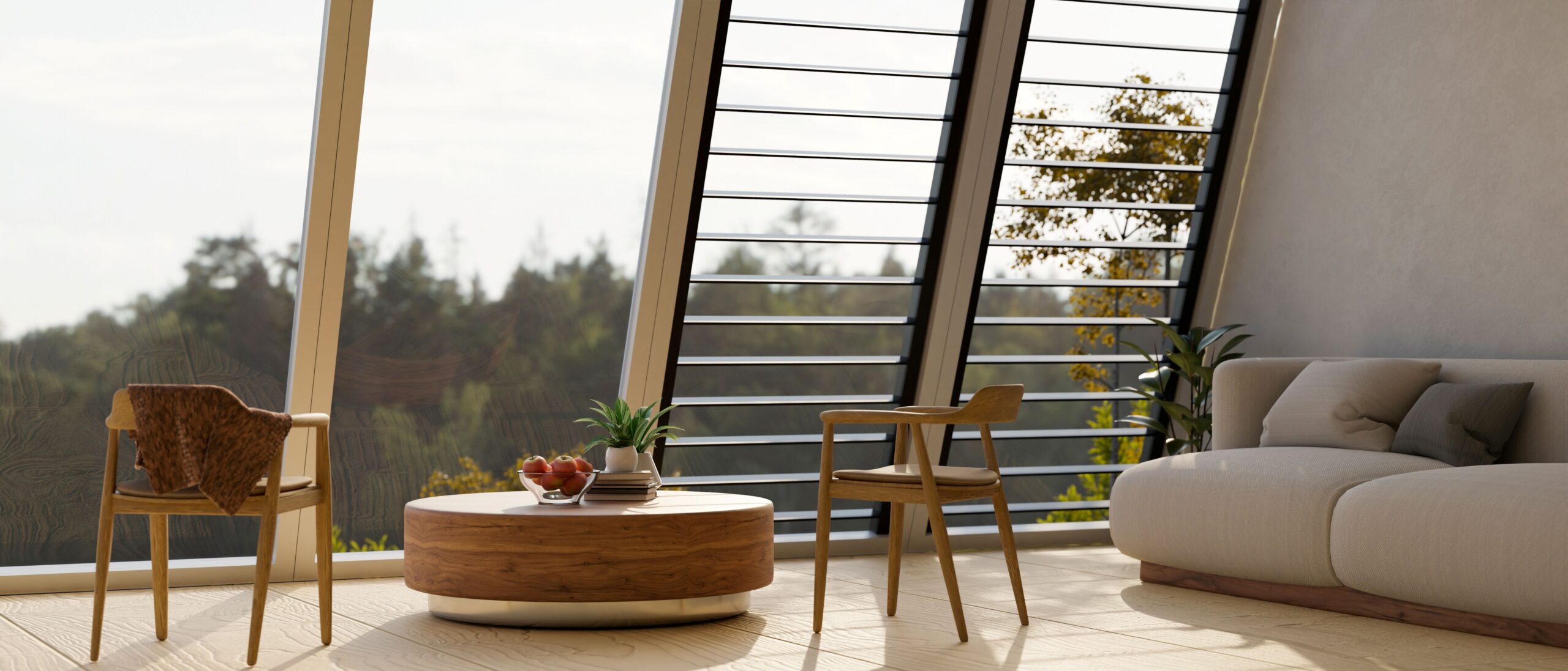 Modernes zeitgenössisches Wohnzimmer in der Nähe des Fensters mit Couch, runder Kaffeetisch, Sessel