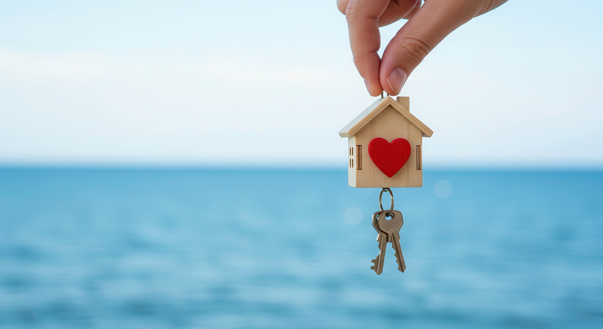 Schluesselanhaenger mit Hausmotiv vor blauem Seeblick | Nonnenhorn Ferienwohnung