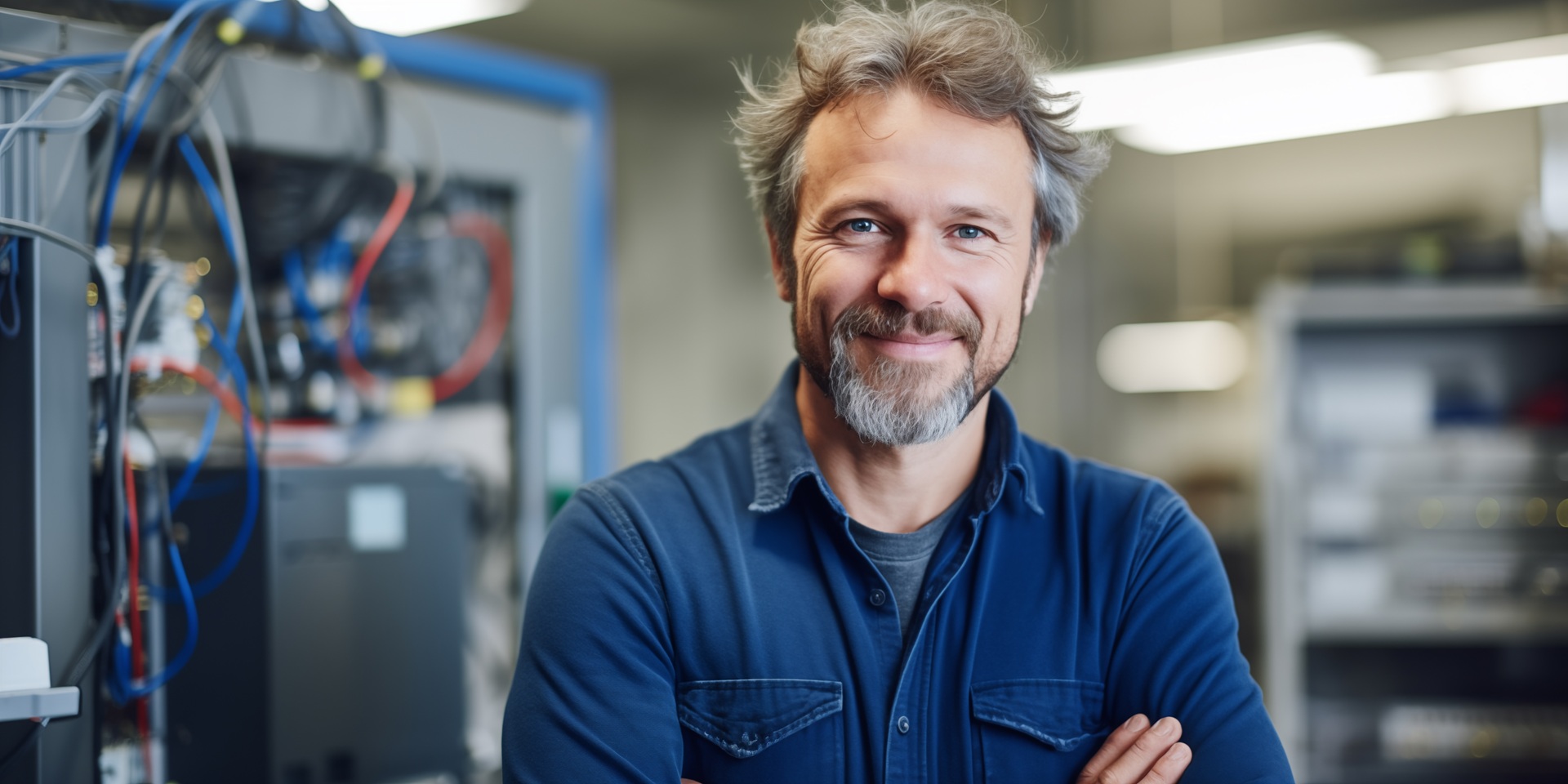 Techniker in Werkstatt mit Maschinen im Hintergrund | Sondermaschinenbau