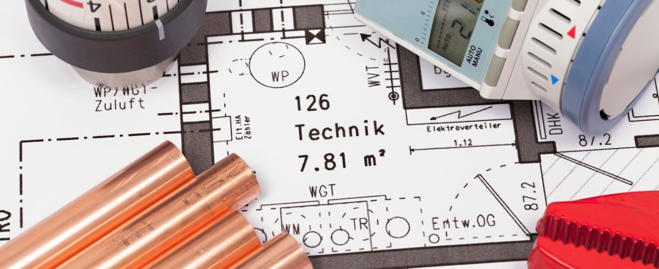 Bauplan mit Heiztechnik und Kupferrohren | LED Module