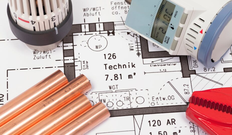 Bauplan mit Heiztechnik und Kupferrohren | LED Module